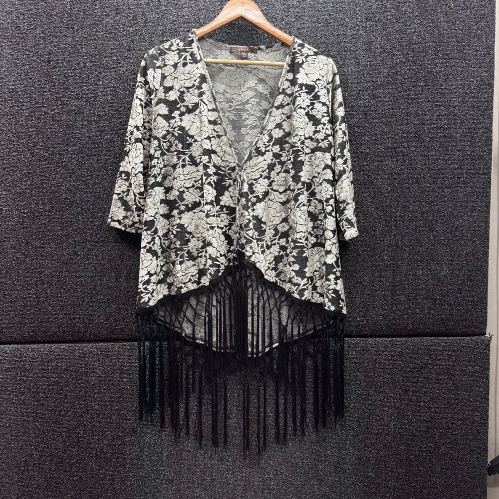 Fever Floral Burnout Velvet Fringe Cardigan Women M Black Silver whimsigoth